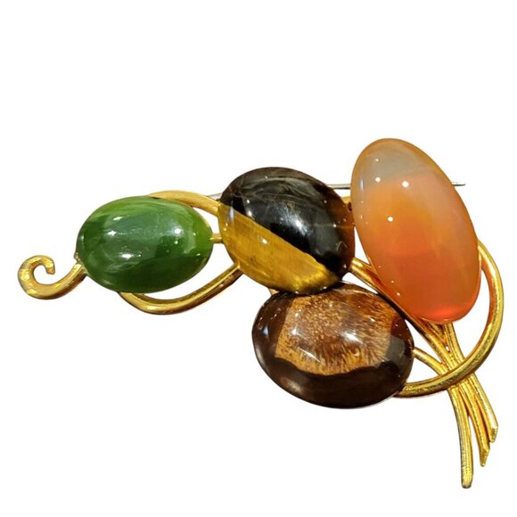Jewelry - Vintage Gold Toned Brooch with Cabochon Gemstones in Green, Amber and more!